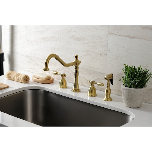 Widespread Kitchen Faucet With Brass Sprayer, Brushed Brass